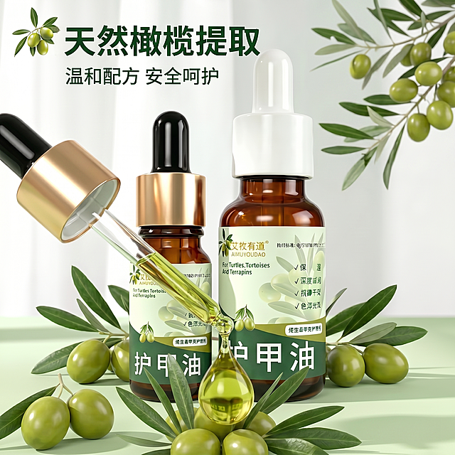 [主图 3] 护甲油天然成分细节展示图。[氛围风格] 真实自然的成分展示专业风。[画质] 商业摄影质感、光线柔和通透、产品清晰真实、画面干净高级。[元素] 前景滴管滴出一滴护甲油精油，油滴通透清亮，后方摆放两瓶护甲油产品，周围散落新鲜完整的青橄榄和橄榄枝叶，展示天然成分来源。保持产品外观物理结构、材质质感、颜色与输入产品图绝对一致，杜绝任何变形和色差，精细化处理。商品主体占比约60%，画面元素丰富不拥挤。[光影] 侧逆光打亮通透的油滴和橄榄，突出清透质感，整体光影柔和层次分明。[配色] 背景浅白色为主，点缀橄榄自然绿色，清新干净。[视角构图] 平视分层构图，油滴作为前景吸引视线，产品作为主体居中，背景简洁。[文字版式] 顶部居左加粗大字写"天然橄榄提取"，小字补充"温和配方 安全呵护"，文字放置在顶部负空间，不遮挡产品主体，深绿色字和浅背景反差清晰。[比例分辨率] 1:1比例，2k分辨率；文字清晰可辨，超高清。[负向提示词] 变形，水印，文字错乱，产品图模糊，背景杂乱，配色刺眼，遮挡主体