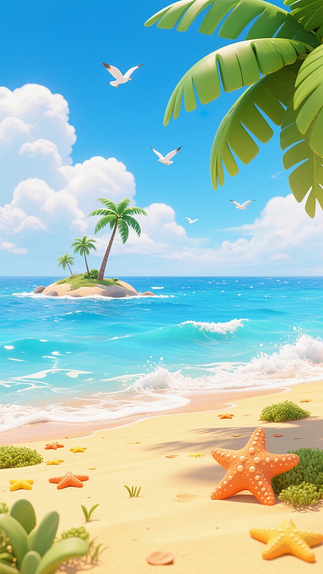 3D渲染风格的夏日海景插画，明亮的天蓝色背景点缀着蓬松的白云，阳光明媚，光影柔和，前景是金黄色的沙滩，散落着绿色低矮植物和橙色、黄色的海星，中景是清澈碧蓝的海水，海浪轻轻拍打着沙滩，溅起白色浪花，海水呈现从浅到深的渐变蓝色并带有透明质感，远处海面上有一座小岛，岛上矗立着一棵倾斜的绿色棕榈树及几棵较小棕榈树，右上角前景有一片巨大的绿色棕榈叶，边缘清晰且叶脉分明，天空中几只白色海鸥自由飞翔，姿态轻盈，整体氛围轻松愉悦，充满夏日度假的悠闲感，色彩鲜明和谐，构图层次分明，具有强烈的视觉吸引力和立体感。