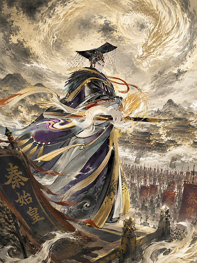 国潮风插画，秦始皇立于高台，龙腾云海，光影交织，厚重岩彩与厚涂技法呈现庄严神圣的古典史诗感。