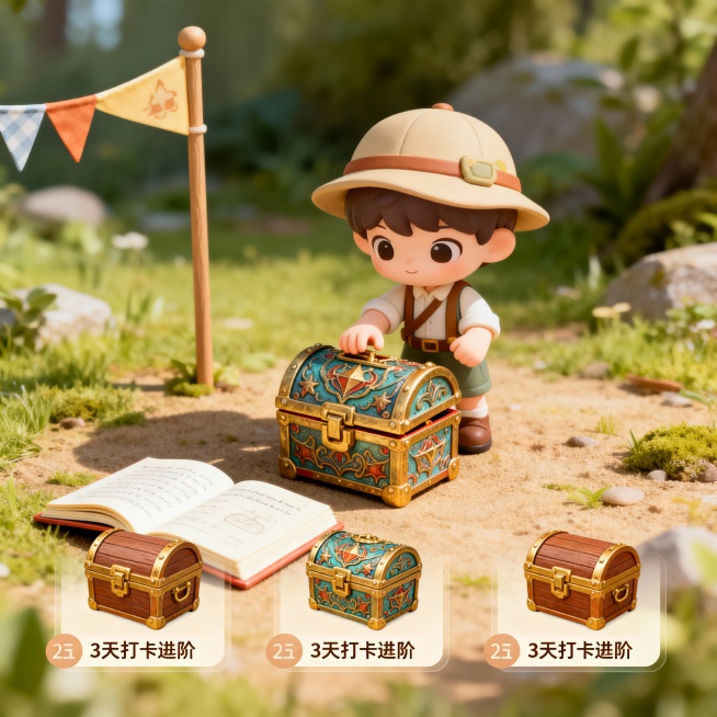 这是一张打卡进阶的图片。分为3天即三个宝箱，每天开一个宝箱。现在小探险家来到了第一个地方，这个地方插个旗子，背单词然后打开了宝箱预览效果