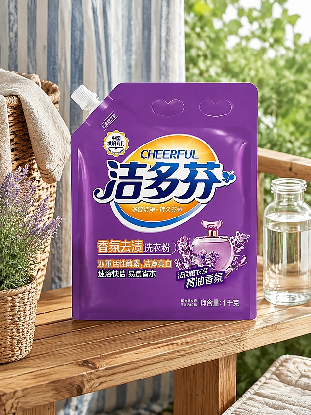 超写实电商产品场景摄影。
主体：洁多芬香氛去渍洗衣粉占画面65%，完整不裁切，绝对视觉主导，近景景别，洗衣粉包装严格参照上传产品图，完整保留所有可见组件、轮廓、结构、比例、材质、颜色与产品本体上的文字信息，与上传图完全一致；清除产品本体之外的营销信息，包装封口细节清晰可见。
构图与陈列：微侧10°平视，洗衣粉放置在阳台原木花架侧台。
风格：网红ins清新风。
场景概念：阳台休闲洗衣区午后时光。
承载与背景：①承载面：原木色实木侧台；②背景：悬挂浅蓝条纹棉麻窗帘，户外绿植柔焦虚化。
陪衬物：①侧台左侧放编织脏衣篮，卡其色藤编；②篮边放一盆紫色薰衣草盆栽，紫花绿叶；③右侧地面放折叠米白色野餐垫一角，米白色；④台面上放玻璃水瓶，透明玻璃，清水。
配色：主60%原木色，辅25%浅蓝，点缀15%紫色/卡其/米白/透明；材质为实木/藤编/棉麻/玻璃/绿植。
光影：主光斜前45°自然光，整体明亮通透，浅暖调，包装塑料有清晰柔和反光。
参数：4K写实光追。严格锁定宽高比为3:4。