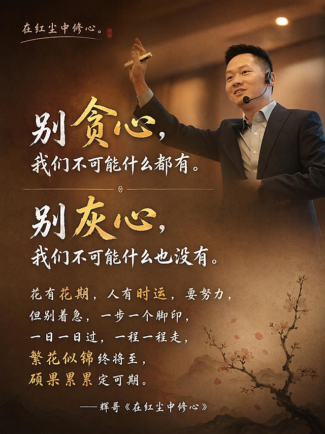 个人IP金句海报，暖棕治愈电影感风格，竖版3:4构图。画面上半部分偏右位置是一位穿深色西装的亚洲男性讲师讲课的半身照，人物清晰，背景做了大光圈虚化处理，统一暖棕色调，四周有暗角效果，人物光影柔和有质感。画面下半部分及左侧为文字区域，背景是淡淡的宣纸纹理和暖棕色渐变，底部有极简的水墨花枝和花瓣意境点缀。文字全部为手写书法体，白色字为主，关键词用金色高亮。顶部有栏目名「在红尘中修心」。主金句居中大字排版：「别贪心，我们不可能什么都有；别灰心，我们不可能什么也没有。」，其中「贪心」「灰心」金色高亮，两句用对称式排版。中间用细横线分隔。下方段落文字：「花有花期，人有时运，要努力，但别着急，一步一个脚印，一日一日过，一程一程走，繁花似锦终将至，硕果累累定可期。」，其中「花期」「时运」「繁花似锦」「硕果累累」金色高亮，段落排版疏朗有致。底部署名：「——辉哥《在红尘中修心》」。整体氛围温暖治愈、有力量感、禅意新中式风格，高级有质感，排版精美，层次分明，上下结构有呼吸感。画面中必须完整呈现以下文字信息：别贪心，我们不可能什么都有。别灰心，我们不可能什么也没有。花有花期，人有时运，要努力，但别着急，一步一个脚印，一日一日过，一程一程走，繁花似锦终将至，硕果累累定可期。——辉哥《在红尘中修心》。在红尘中修心。