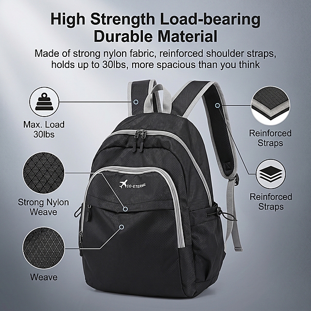 Show the high load-bearing and durable material feature of this black backpack. Keep the backpack product the same as original picture, use slice effect design, size 800X800, no white background, prominent English text. The English title is "High Strength Load-bearing Durable Material", the description is "Made of strong nylon fabric, reinforced shoulder straps, holds up to 30lbs, more spacious than you think". Use cross-border e-commerce detail page style, based on the feature reference from the second image.