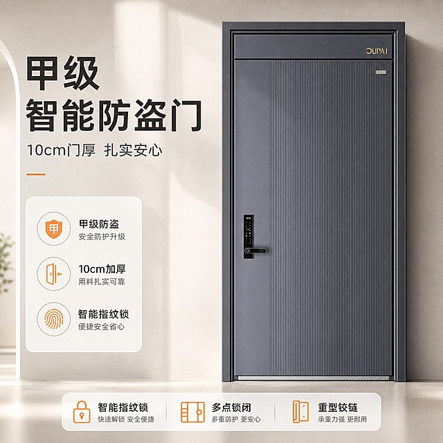 [主图-1] 正面产品首图，任务为品牌成交首图：完整展示智能防盗门正面外观，突出深灰哑光、左平右竖纹不对称设计、黑色智能指纹锁与OUPAI品牌感，建立“甲级、加厚、智能”的第一印象。
[统一基调] 风格=现代高端家居商业摄影；主标题字=现代无衬线粗体；辅助文字=简洁现代无衬线体；背景主色=暖白至浅暖灰细腻渐变；标题字色=深炭黑；辅助字色=中暖灰；强调色=暖橙色，仅用于小面积图标、引线、标签和局部光效；组件=圆角浅色信息卡、细线引线、圆角小图标；画面明亮自然光、浅木/米白环境。
[画面] 使用【图45】门体正面完整入画，居中略偏右，占画面约70%，门关闭状态，平视微仰视角；背景为浅暖灰至暖白细腻渐变摄影棚，地面带自然接触阴影；保留门面右上角金色OUPAI Logo原样，不重绘不变形；智能指纹锁的密码键盘、指纹区与下压把手清晰，不裁切门体上下边缘。
[光影质感] 右前侧暖柔光，深灰哑光门面细腻反光，竖条纹明暗层次清楚，智能锁面板与金属把手有真实高光，无杂乱反光。
[配色] 沿用统一基调：暖白浅灰背景，深炭灰门体为主色，标题深炭黑，辅助字中暖灰，暖橙仅用于标签与引线。
[文字版式] 左上负空间主标题大字“甲级智能防盗门”，副标题“10cm门厚 扎实安心”，右侧底部三个短标签“智能指纹锁”“多点锁闭”“重型铰链”，全部横向排版，不遮挡门体、智能锁与Logo。
[输出要求] 1:1方形，文字清晰，产品无变形；避免错字、竖排文字、门体颜色改变、冷蓝背景、电商平台Logo/水印、绝对化用语、产品边缘被裁切、品牌Logo变形。