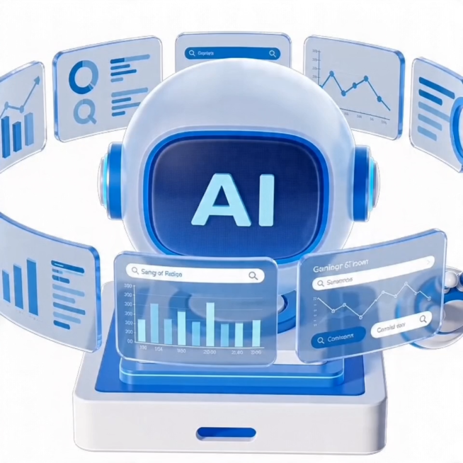 3D风格AI机器人，周围环绕着透明蓝色数据屏幕，机器人伸出手滑动旋转周围屏幕，整体蓝白配色科技风，背景纯白色，风格干净简洁预览效果