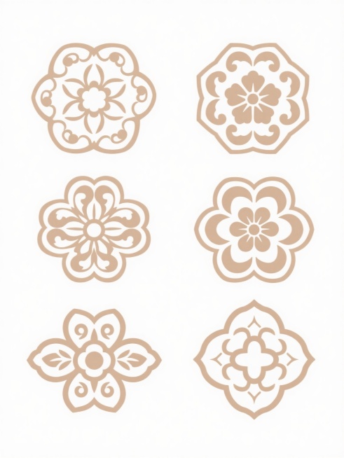 六个同系列传统纹样集合，每个纹样均为不同造型与角度的花卉装饰图案，采用统一的浅棕色线条勾勒，白色填充，背景为纯白色，纹样整体呈圆形或多边形轮廓，细节包含对称的卷草纹、花瓣纹和几何装饰元素，六个纹样排列成两行三列的规整布局，彼此间距均匀，整体风格简约典雅，具有传统东方美学韵味。预览效果