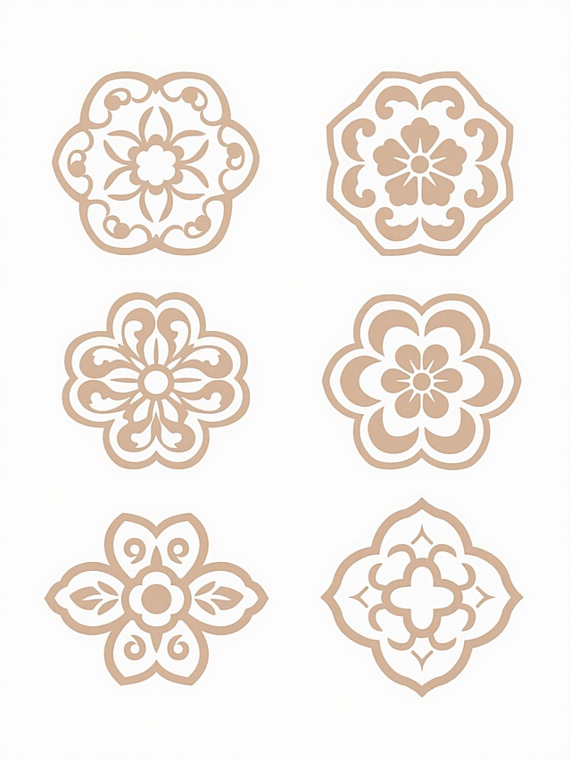 六个同系列传统纹样集合，每个纹样均为不同造型与角度的花卉装饰图案，采用统一的浅棕色线条勾勒，白色填充，背景为纯白色，纹样整体呈圆形或多边形轮廓，细节包含对称的卷草纹、花瓣纹和几何装饰元素，六个纹样排列成两行三列的规整布局，彼此间距均匀，整体风格简约典雅，具有传统东方美学韵味。