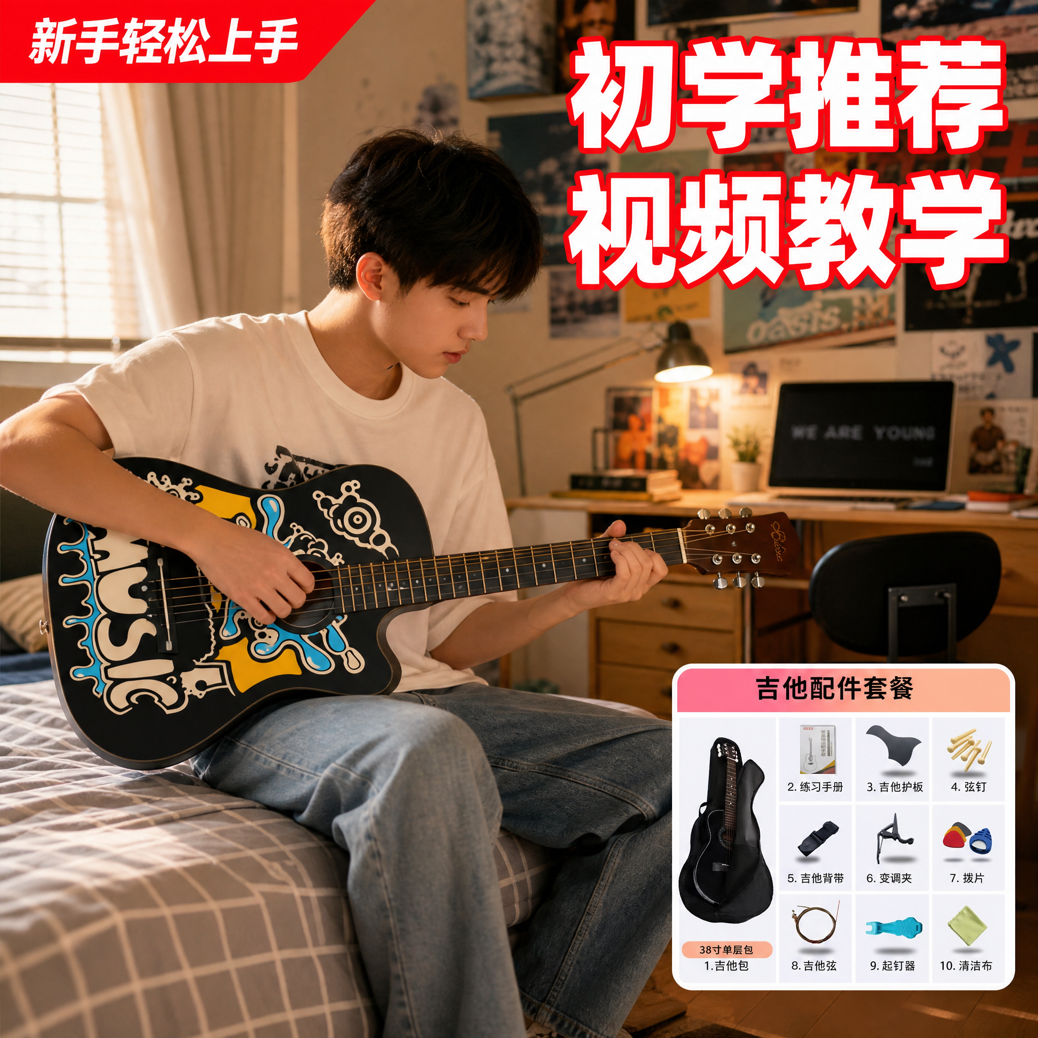 [主图-4] 主题：真实使用场景展示，年轻人在卧室弹吉他的生活… - 图片创意预览