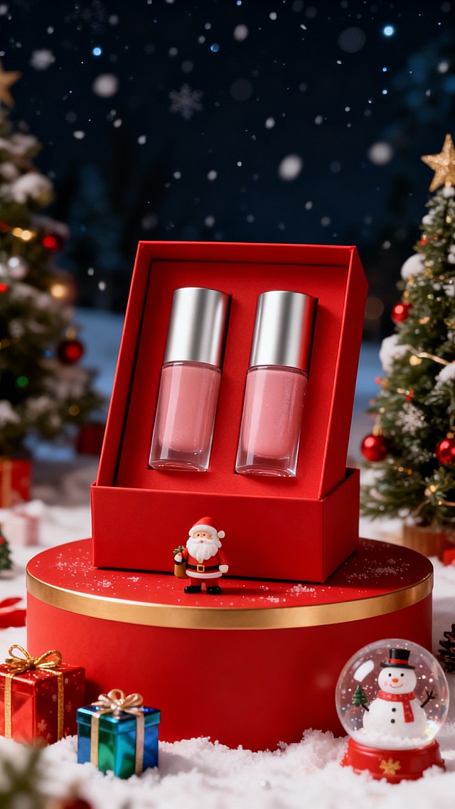 3D微缩艺术风，金属与玻璃质感结合，圣诞夜雪景中呈现喜庆温馨氛围，梦幻感十足的节日礼盒设计。