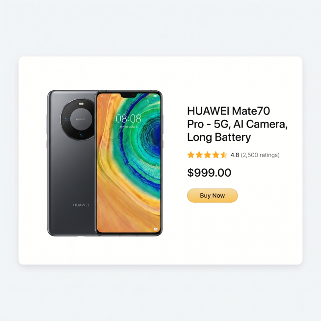 华为mate70Pro手机在美国亚马逊购物平台宣传图，现代简约电商风格，展示手机外观，突出产品特性，干净清晰的商品宣传主图，适合亚马逊平台展示预览效果