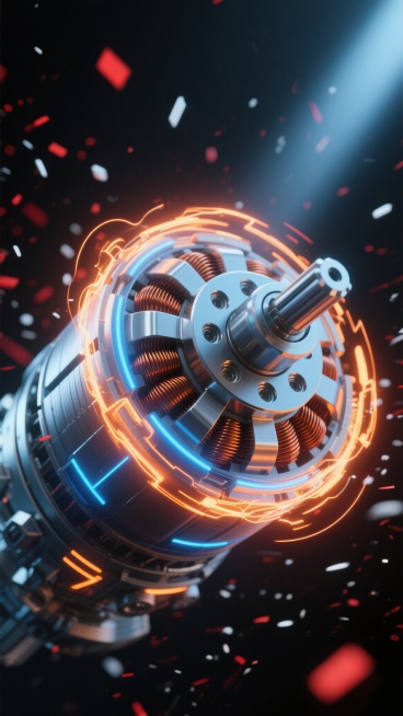 未来科技感十足的电机3D渲染图，核心为精密机械结构的电机，内部铜线圈与银色金属部件交错，表面覆盖蓝色与橙色的发光能量环，能量环呈旋转状态并带有动态光晕效果，背景为深邃的黑色空间，点缀着红色与白色的粒子飞溅，光线从右上角斜射而下，形成强烈的明暗对比，突出电机的金属质感与科技氛围，整体构图采用倾斜视角，营造出动感与力量感，展现电机在不同场景下的科技魅力与机械美学。预览效果