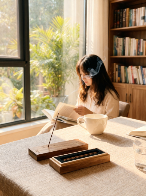 在线香头部添加一缕美丽优雅的轻烟，保持原图场景、光影和风格不变预览效果
