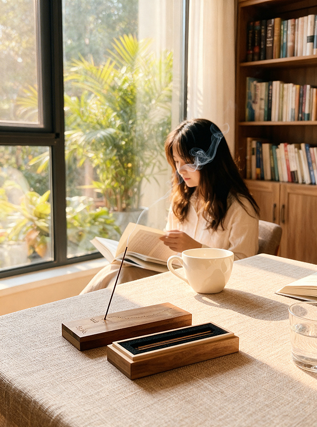 在线香头部添加一缕美丽优雅的轻烟，保持原图场景、光影和风格不变