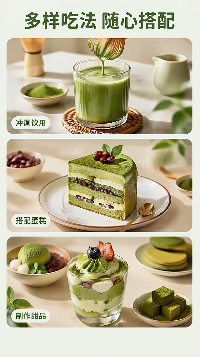 [第7屏] 详情页食用场景屏，展示抹茶粉多种食用方式。
[氛围/风格] 生活化美食场景，温馨治愈，真实食物质感，多样搭配展示。
[元素布局] 画面分成上下三个圆角场景区域，从上到下依次：冲调饮用、搭配蛋糕、制作甜品，每个区域放对应场景小图；顶部大标题，底部空白放置品牌信息；保持整体干净清爽。
[光影质感] 每个场景都有自然柔和光线，食物清晰有食欲，整体光影统一。
[配色色系] 全局底色 #f2f9f0，每个场景搭配对应食物色彩，深绿色文字。
[视角构图] 竖拼三段式构图，每个场景独立成区，信息清晰。
[文字版式] 顶部主标题「多样吃法 随心搭配」，沿用圆角深绿色纯色标题字；每个场景下方配2-4字场景说明，文字清晰，排版整齐。
[比例分辨率] 9:16，4K，文字清晰可辨。
[负向提示词] 食物变形，颜色偏差，文字错乱，文字过小，背景杂乱