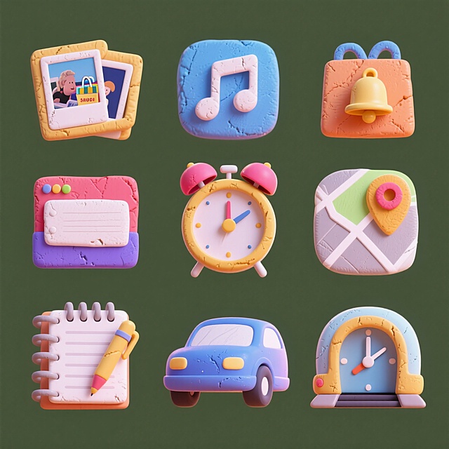 icon图标设计，图标顺序依次是：相册，音乐，购物，闹钟，记事本，地图，汽车，时钟，地铁，高纯度配色