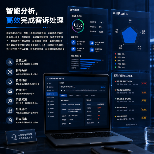 仿照参考图的科技商务风格和版式布局，生成AI客诉分析与打标场景海报。左侧大标题为"智能分析，高效完成客诉处理"，介绍文字为"客诉分析与打标，是指上传客诉原声音频，AI自动提取客户投诉核心信息、故障内容预览效果