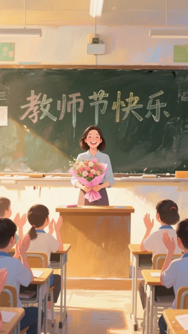 教室里，黑板上写着 “教师节快乐” ，一位笑容灿烂的女教师捧着粉色包装的一束花站在讲台上面对学生，学生鼓掌，暖黄色光影，正视，画面重心居下预览效果