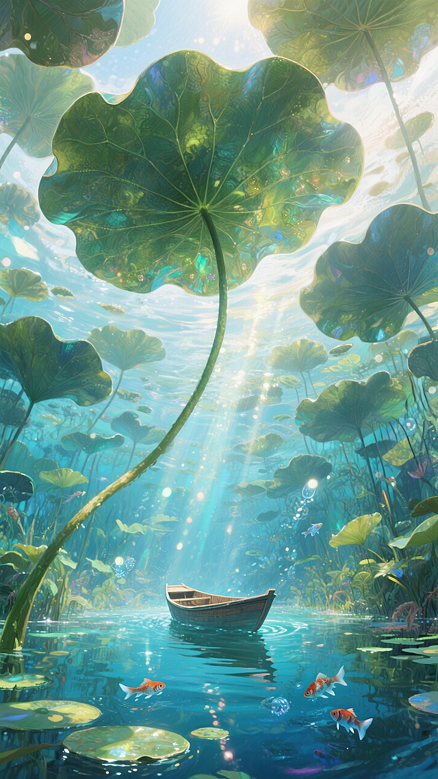 巨大的荷叶布满清晰脉络纹理，孤舟在夸张变形的荷叶丛中穿行，水底仰视，阳光透过水面，形成美丽的光斑和光点。画面中充满了水生植物，巨大的叶柄从水底伸出水面，几条小鱼在其中游动。整个场景色彩鲜艳，充满梦幻和神秘的氛围