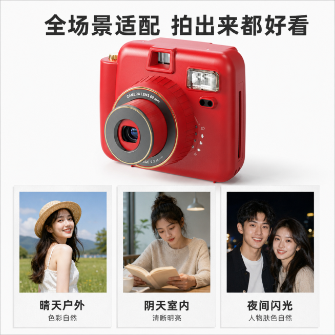 [第5屏] 核心功能实测屏，测试不同场景拍摄效果。本屏使用【图1】作为产品主体。
[氛围/风格] 真实场景实测风，客观展示效果，有说服力。
[元素布局] 上半部分放置红色拍立得相机【图1】，下半部分分预览效果