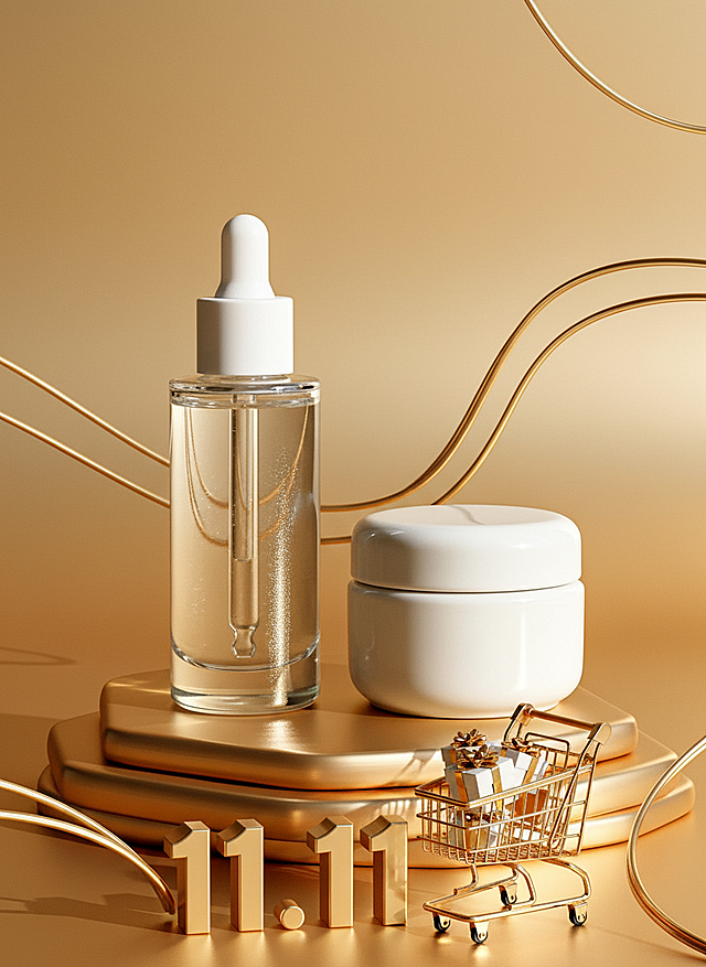 鎏金风与3D微缩艺术结合，金属质感线条勾勒现代奢华，购物车与“11.11”字样呼应双十一大促，科技感光影烘托高端护肤美学。
