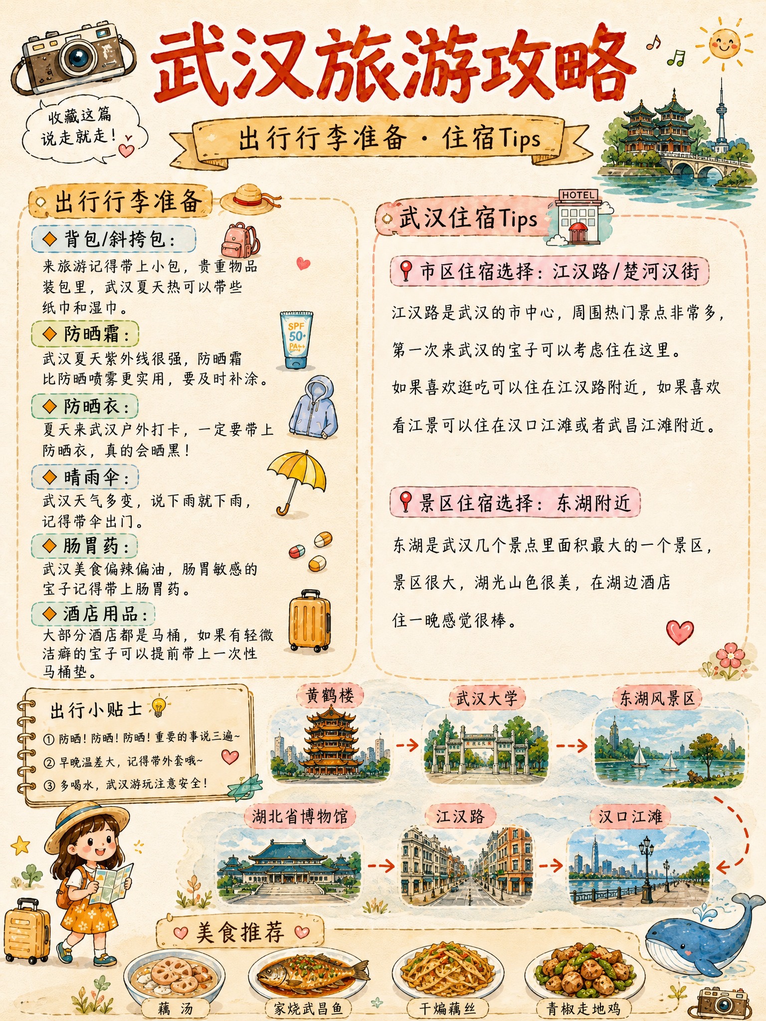 将这张烟台旅游攻略（行李准备+住宿Tips+美食推荐）改成武汉… - 图片创意预览