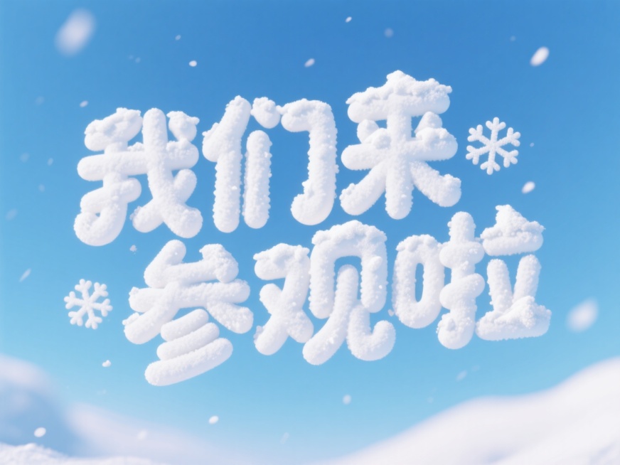 中央呈现白色积雪质感的 “我们来参观啦” 立体可爱艺术字，点缀雪花元素，蓝色渐变天空为背景预览效果