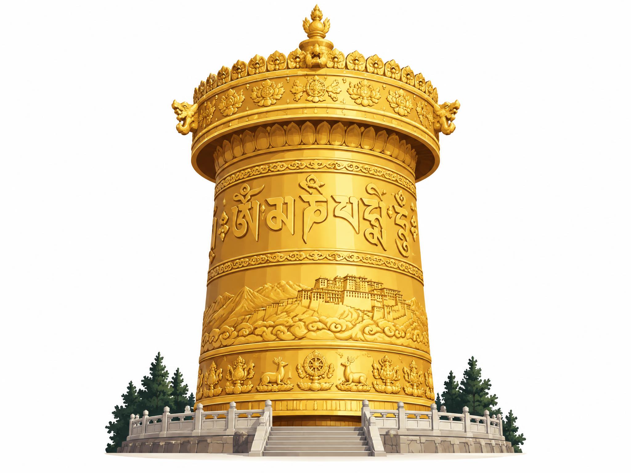 香格里拉大转经筒矢量图形，藏式地标元素，简洁扁平化矢量插画风格… - 图片创意预览