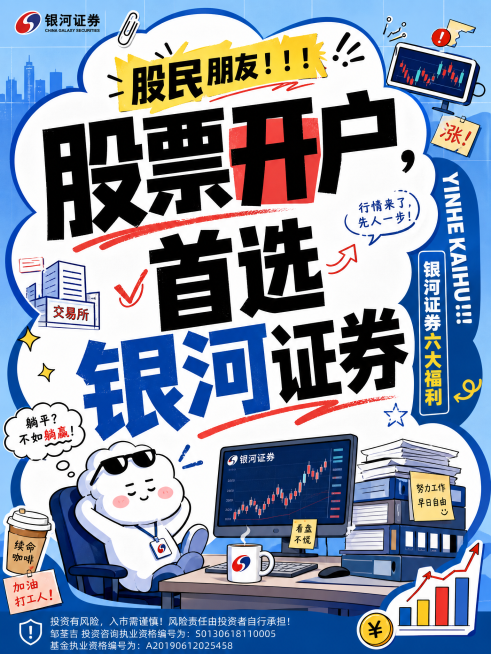 办公情绪竖版海报，比例3:4，软萌云朵异形边框，配色为蓝色、红色、浅蓝色，风格不要太花哨。超大主标题大字错落堆叠写着"股票开户，首选银河证券"，黄色高亮标签写着"股民朋友！！！"，角落添加搞怪小元素办预览效果