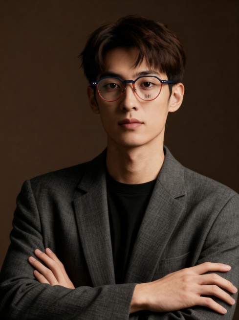 去掉图片中右上角的LOGO和文字，去掉图片下方的所有文字，保留原图的人物、眼镜、西装、背景，保持原图构图、光影和整体风格一致，画质高清细节清晰预览效果