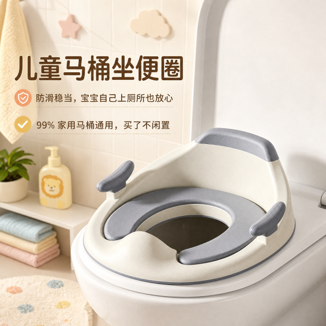 替换背景为符合儿童产品的温馨卫生间场景，背景不要纯色，重点突出儿童马桶坐便圈，去掉图片中所有原有文字，添加文字“儿童马桶坐便圈”“防滑稳当，宝宝自己上厕所也放心”“99% 家用马桶通用，买了不闲置”，预览效果