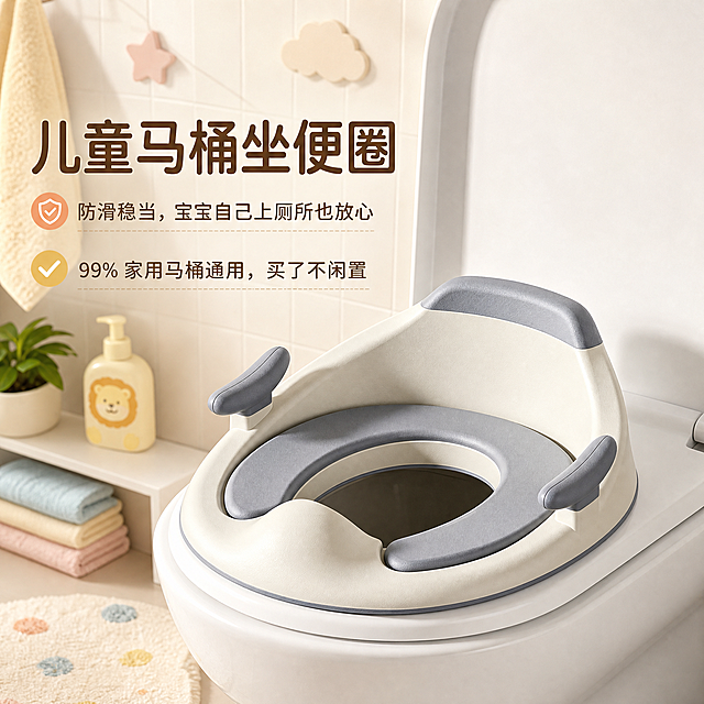 替换背景为符合儿童产品的温馨卫生间场景，背景不要纯色，重点突出儿童马桶坐便圈，去掉图片中所有原有文字，添加文字“儿童马桶坐便圈”“防滑稳当，宝宝自己上厕所也放心”“99% 家用马桶通用，买了不闲置”，文字不要遮盖产品，整体画面和谐协调，保持产品本身其他细节百分之百不变