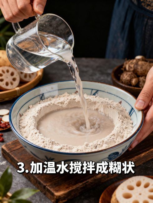 第三步：搅拌调糊，展示用温水将藕粉和打磨好的粉末搅拌均匀，配文字"3. 加温水搅拌成糊状"，写实摄影，清晰自然预览效果