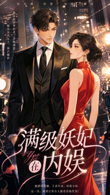 漫剧封面《满级妖妃在内娱》，9:16竖版封面，背景不是纯白色，包含图中男女主，男女主之间保持得体互动，不要过于亲密，画风为现代都市漫画风，突出剧名，整体氛围时尚干练预览效果