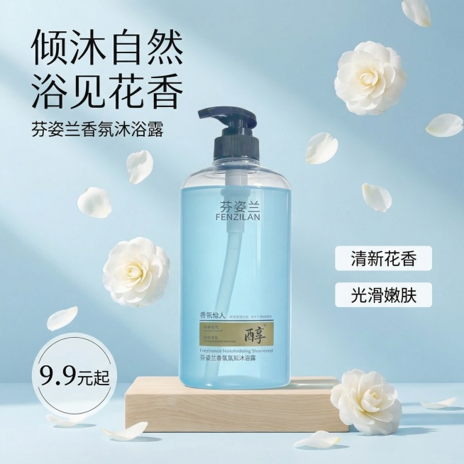 基于「图片1」，生成一套商品详情图，商品为沐浴露，商品核心卖点是清新花香 光滑嫩肤，氛围/风格是清新自然 花香 高级，适配抖音平台，主图比例为1:1「图片1」「图片1」预览效果