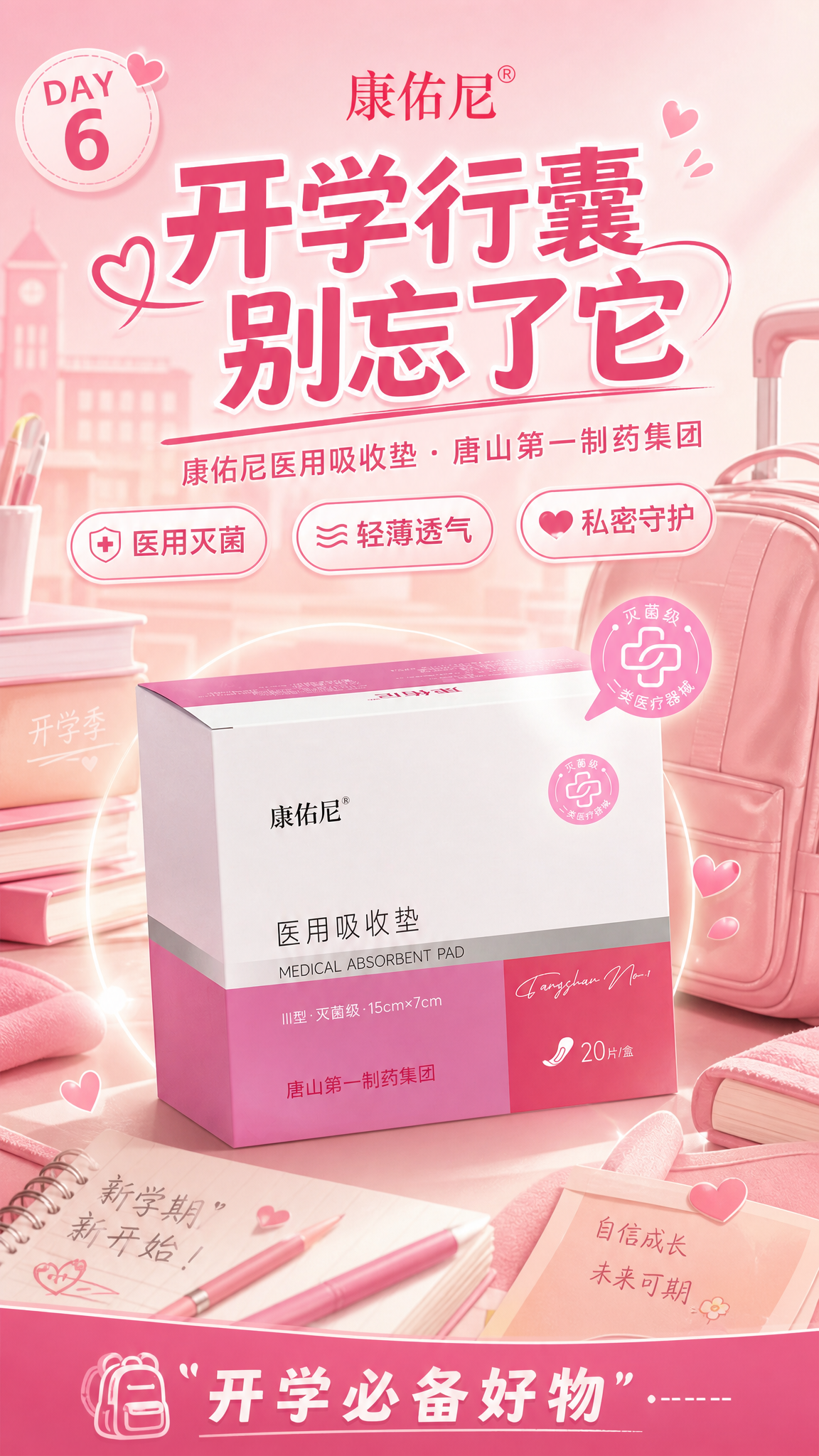 开学季每日一签系列海报第6张，康佑尼医用吸收垫产品海报，竖版9… - 图片创意预览