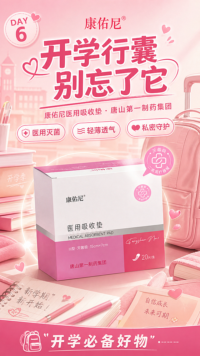 开学季每日一签系列海报第6张，康佑尼医用吸收垫产品海报，竖版9:16。画面整体为温暖粉色渐变背景，带开学行囊打包氛围，点缀行李箱、书本等校园元素剪影。顶部左上角有"DAY 6"每日一签圆形标识，顶部居中"康佑尼®"品牌名。画面中央偏下位置是康佑尼医用吸收垫粉白包装盒，产品100%还原上传商品图的外形、包装、LOGO、印刷文字，盒身文字清晰可见，包装盒完整准确，商品主体占比约55%。产品周围有柔和光晕和爱心元素，体现私密守护的温暖感。主标题大字位于画面上半部："开学行囊 别忘了它"，副标题："康佑尼医用吸收垫 · 唐山第一制药集团"。下方三个圆角卖点标签："医用灭菌"、"轻薄透气"、"私密守护"。底部统一底栏："开学必备好物"。整体风格温暖治愈少女风，粉色系配色，柔光效果，版式精美，文字清晰可读，商业海报质感。画面中所有信息区域填充完整合理内容，无空白占位。