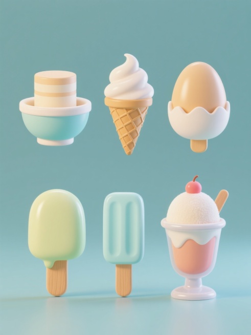 6个完全不同造型的雪糕系列素材集合，保持3D立体风格，纯色背景，规整排布。包含圆筒冰激凌、碗状冰激凌、蛋筒冰激凌、冰棍、雪媚娘和圣代杯，每个造型都有光滑的表面、柔和的光影效果、鲜明的色彩和木质或塑料的底部支撑，整体呈现出可爱、清新、夏日的氛围。预览效果