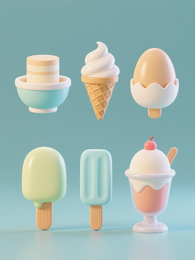 6个完全不同造型的雪糕系列素材集合，保持3D立体风格，纯色背景，规整排布。包含圆筒冰激凌、碗状冰激凌、蛋筒冰激凌、冰棍、雪媚娘和圣代杯，每个造型都有光滑的表面、柔和的光影效果、鲜明的色彩和木质或塑料的底部支撑，整体呈现出可爱、清新、夏日的氛围。