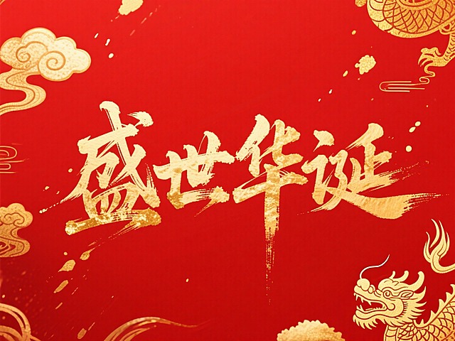 文案“盛世华诞”文字，烫金水墨，金色国风元素，文字横向排列，纯红色背景