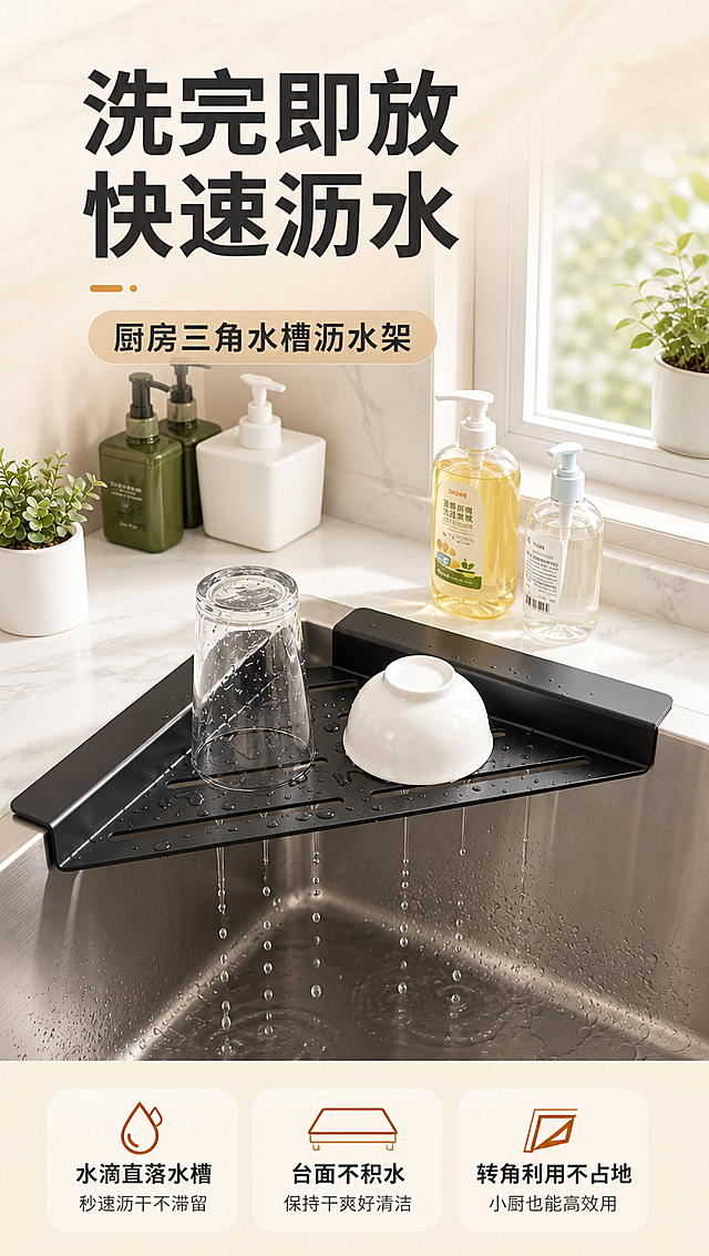 [商品] 使用【图1】黑色三角水槽沥水架；保留三角形结构、长条形沥水孔、边缘挡边、黑色哑光材质、安装在水槽转角的形态；功能方向为水滴从沥水孔垂直落入水槽。
[画面] 页面目标：头图海报，突出快速沥水核心利益。构图：上下结构，上半部分为产品真实使用场景，下半部分为标题区。主体位置：画面中上部，沥水架安装在不锈钢水槽转角处，上面放着刚洗完的玻璃杯和小碗，水珠正从沥水孔滴落。主体占比约60%。景别：中近景。阅读动线：从上到下。前中后景：前景水槽水面涟漪、中景沥水架与餐具、后景大理石台面与窗边绿植。场景：明亮整洁的现代厨房，自然光从右侧窗户洒入。
[视觉] 套系策略：风格=温馨干净的家居商业摄影风；标题字=粗黑体；正文字=常规黑体；主色=暖米杏；背景延展=基于暖米杏做深浅层级、同色渐变和细腻大理石/台面质感；强调色=暖棕橙，仅用于小面积图标、引线和标签；标题色=深炭灰；正文色=中暖灰；组件=圆角浅底信息卡、细线引线；光影=右侧自然光+左侧柔和补光，整体明亮通透。
[文字] 顶部大主标题：洗完即放 快速沥水；副标题：厨房三角水槽沥水架；底部信息条3个短卖点：水滴直落水槽、台面不积水、转角利用不占地。文字区不遮挡沥水架主体和水滴动态。
[规格] 图片比例9:16竖版，4K分辨率，负向提示：避免变形、错字、文字过小、冷蓝/蓝灰背景、产品颜色改变、结构失真、绝对化用语。