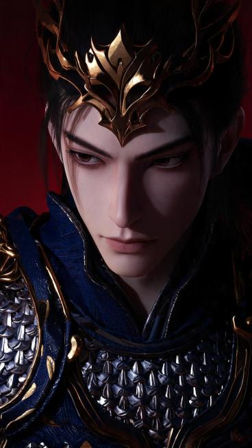 Armin Hofmann风格，超高清特写画面，极度深红的背景，夸张抽象变形的东方神秘唐代鎏金铠甲武将，高鼻梁，丹凤眼，容颜绝美，五官精致立体，身穿暗夜靛蓝色战袍与银鳞甲，神秘威严的氛围，仰角拍摄，酷预览效果