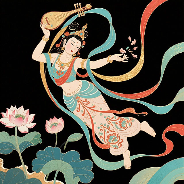 敦煌壁画中的仙女形象，即飞天，有着独特的服饰特点，如
轻盈飘逸的彩带、精美的裙裾，服饰上的图案多为佛教元素，像莲花、忍冬纹等。
其姿态优美，或翩翩起舞，或手持乐器，或散花供养，尽显灵动、自由的美感。
色彩方面，以石青、石绿、朱砂等天然矿物颜料为主，色彩鲜艳、饱和度高，历
经千年依旧绚丽夺目。国内 AI 工具在理解和生成具有中国传统文化元素的图像
时，能更好地把握其精髓，精准提取相关元素。