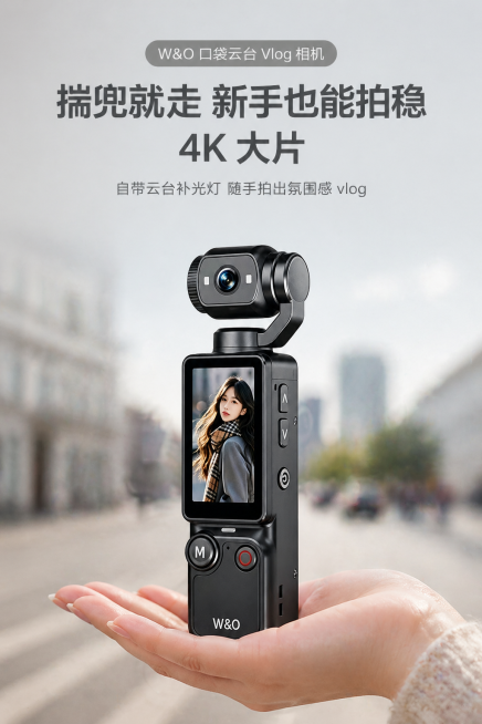 主体描述：W&O 口袋云台 Vlog 相机，主标题"揣兜就走 新手也能拍稳 4K 大片"，副标题"自带云台补光灯 随手拍出氛围感 vlog"
场景环境：极简浅灰色纯色背景，相机放置女性掌心，背景虚化旅预览效果