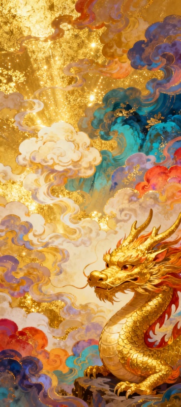 生成一张竖版4：9的图，金光闪闪的云雾，图片最右边是一条金龙，呈守护状，，表情不要狰狞，整体画面高饱和度，有让人眼前一亮的感觉预览效果