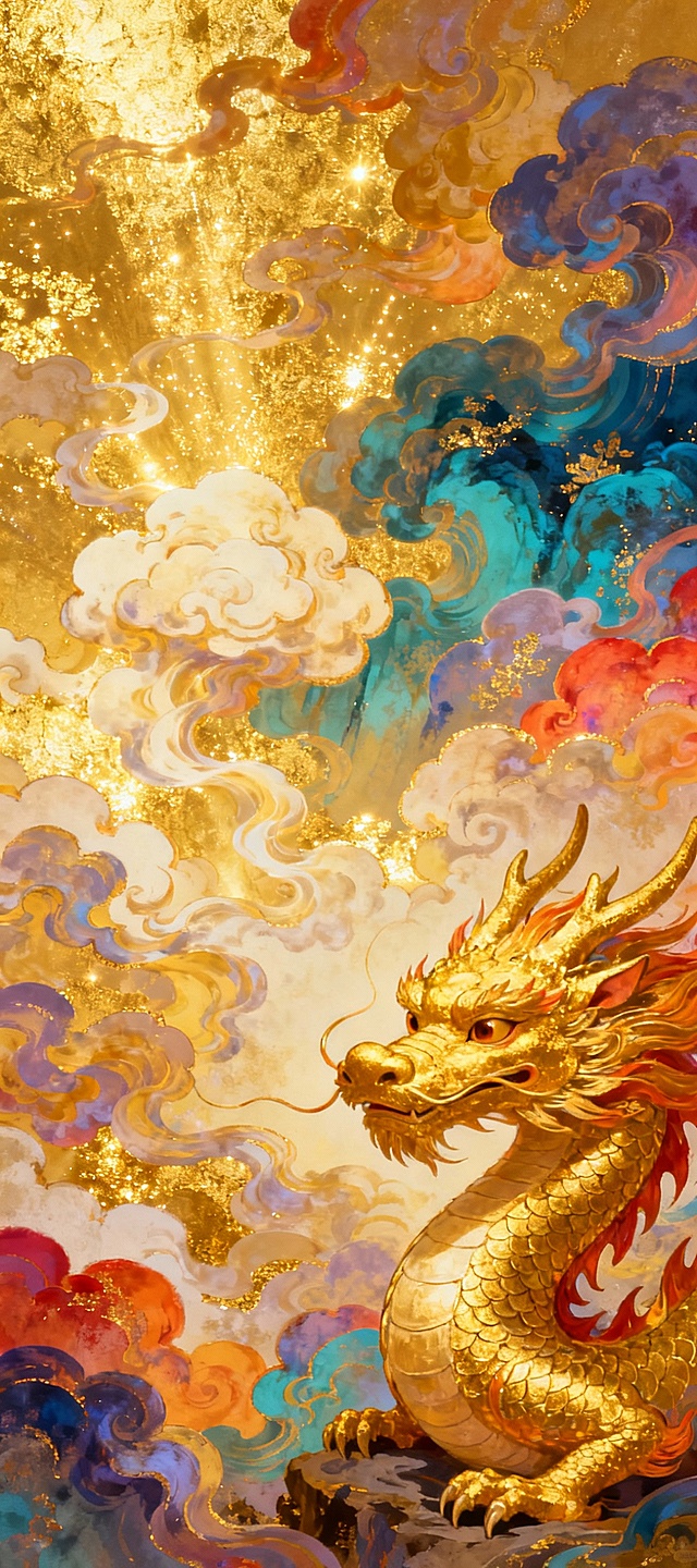 生成一张竖版4：9的图，金光闪闪的云雾，图片最右边是一条金龙，呈守护状，，表情不要狰狞，整体画面高饱和度，有让人眼前一亮的感觉