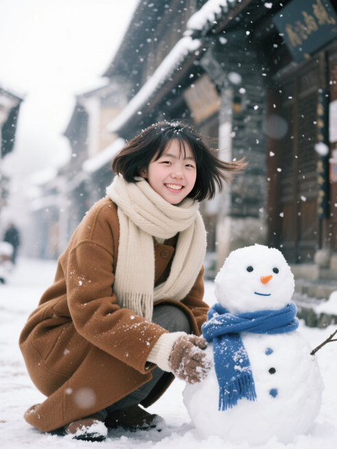 仰视角远景全身照。画面主视觉是女生穿着美拉德色系冬装（戴米色围巾，短发被风轻轻吹起），蹲着堆雪人，笑容灿烂看向镜头。雪人有蓝色围巾装饰。冬日古街背景，飘雪花。文艺青春氛围感。预览效果