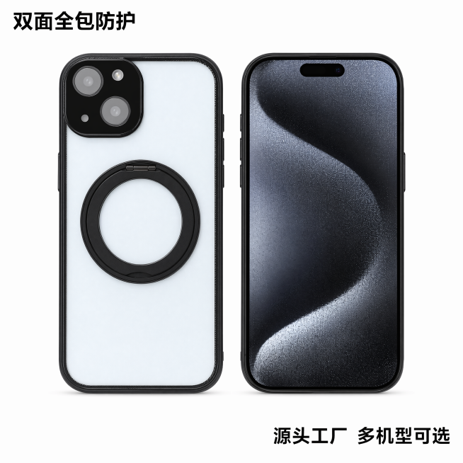 [主图-5] 产品双面全包全貌展示，氛围风格为工厂直供高级简约风，适配1688平台定位，画质为商业摄影质感、产品清晰真实、画面干净通透。保持手机壳外观结构颜色和原图一致，同时展示手机壳装上手机后的正面预览效果