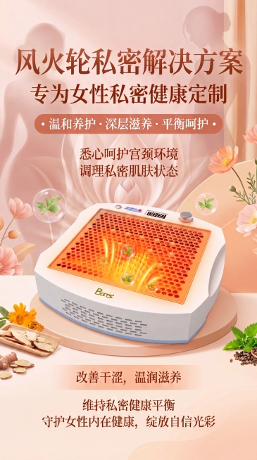 修改现有女性私密健康护理海报，在背景中隐约增加优美女性好身材的朦胧画面，保留原有风火轮私密养护仪器和全部文案，保持整体专业健康风格，含蓄优雅不低俗，竖版9:16构图预览效果