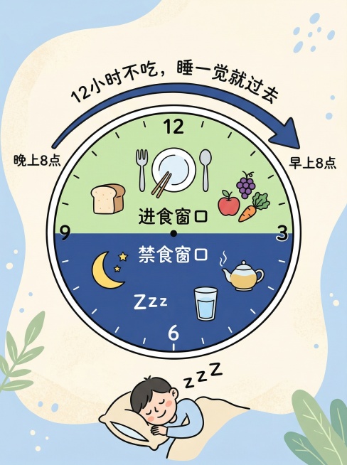 简洁的时钟时间轴插画，一条24小时圆形时间线，其中12小时标为浅绿色"进食窗口"，另外12小时标为深蓝色"禁食窗口"；禁食窗口内画有月亮和Zzz表示睡觉，还有一杯水和茶壶图标表示可喝无糖茶；进食窗口内预览效果