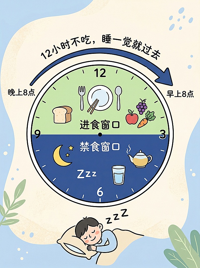 简洁的时钟时间轴插画，一条24小时圆形时间线，其中12小时标为浅绿色"进食窗口"，另外12小时标为深蓝色"禁食窗口"；禁食窗口内画有月亮和Zzz表示睡觉，还有一杯水和茶壶图标表示可喝无糖茶；进食窗口内画有简单餐盘、筷子、面包等食物图标；时间线上方有箭头从晚上8点指向早上8点，用可爱字体写着"12小时不吃，睡一觉就过去"；底部加入小人图标躺在枕头上睡觉，表情轻松；整体色调清新柔和，浅蓝+米白配色，简洁手绘扁平风格，信息清晰直观，传达"从12:12轻松入门轻断食"的理念